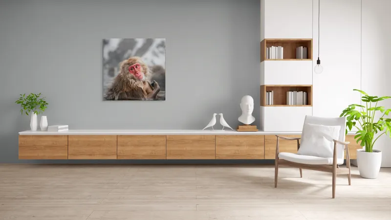 Tablou Canvas, "Macac japonez relaxându-se în apă termală", Blană, Zăpadă, Ape, Privire, Singurătate, 100 x 100 cm – poza 8
