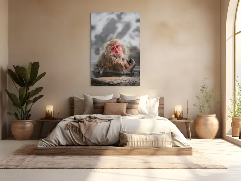 Tablou Canvas, "Macac japonez relaxându-se în apă termală", Blană, Zăpadă, Ape, Privire, Singurătate, 100 x 150 cm – poza 3