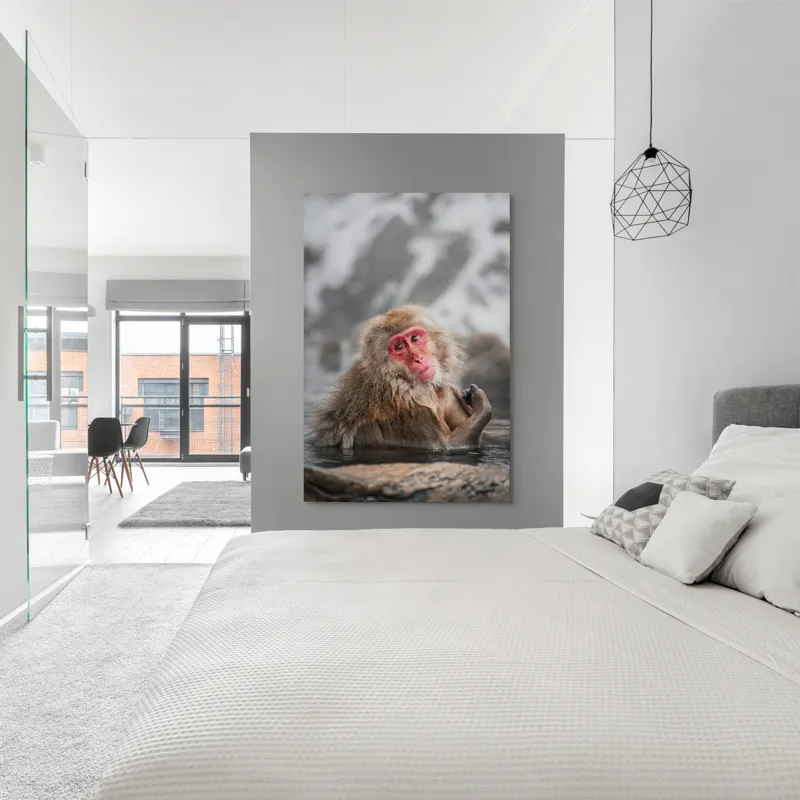 Tablou Canvas, "Macac japonez relaxându-se în apă termală", Blană, Zăpadă, Ape, Privire, Singurătate, 100 x 150 cm – poza 5