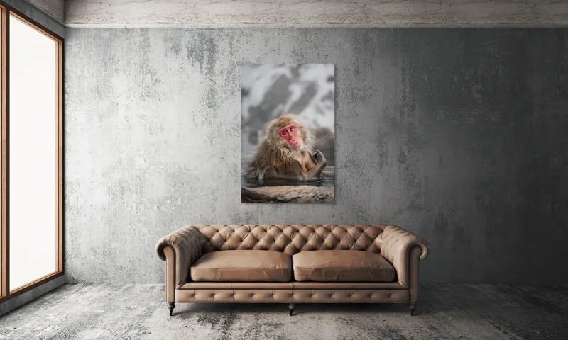 Tablou Canvas, "Macac japonez relaxându-se în apă termală", Blană, Zăpadă, Ape, Privire, Singurătate, 100 x 150 cm – poza 6
