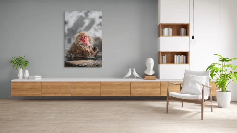 Tablou Canvas, "Macac japonez relaxându-se în apă termală", Blană, Zăpadă, Ape, Privire, Singurătate, 100 x 150 cm – poza 8