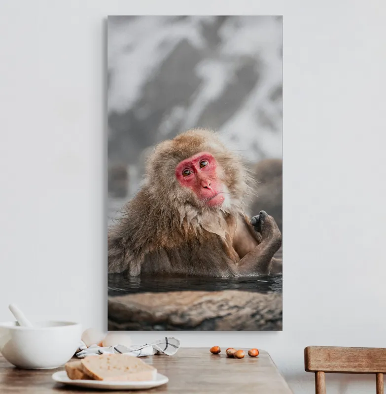 Tablou Canvas, "Macac japonez relaxându-se în apă termală", Blană, Zăpadă, Ape, Privire, Singurătate, 50 x 90 cm – poza 3