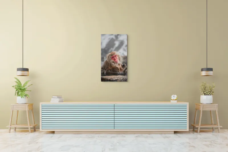 Tablou Canvas, "Macac japonez relaxându-se în apă termală", Blană, Zăpadă, Ape, Privire, Singurătate, 50 x 90 cm – poza 6