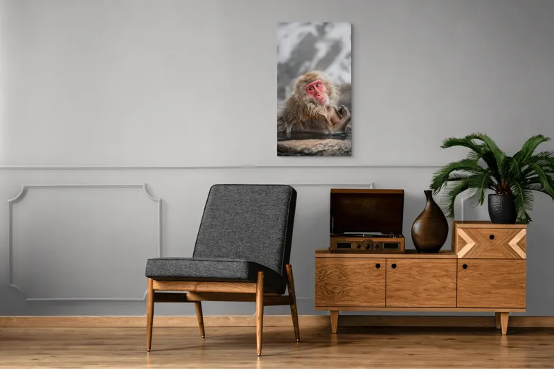 Tablou Canvas, "Macac japonez relaxându-se în apă termală", Blană, Zăpadă, Ape, Privire, Singurătate, 50 x 90 cm – poza 8