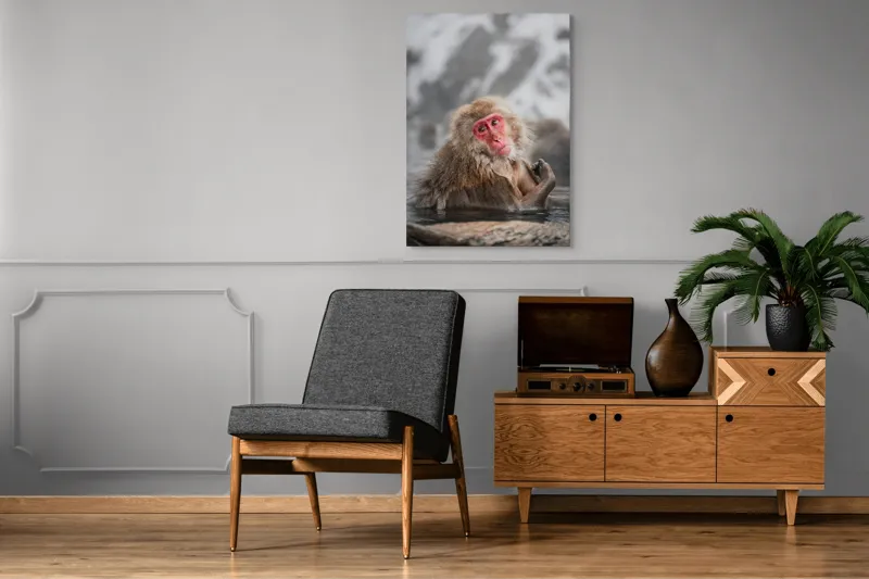 Tablou Canvas, "Macac japonez relaxându-se în apă termală", Blană, Zăpadă, Ape, Privire, Singurătate, 70 x 100 cm – poza 6