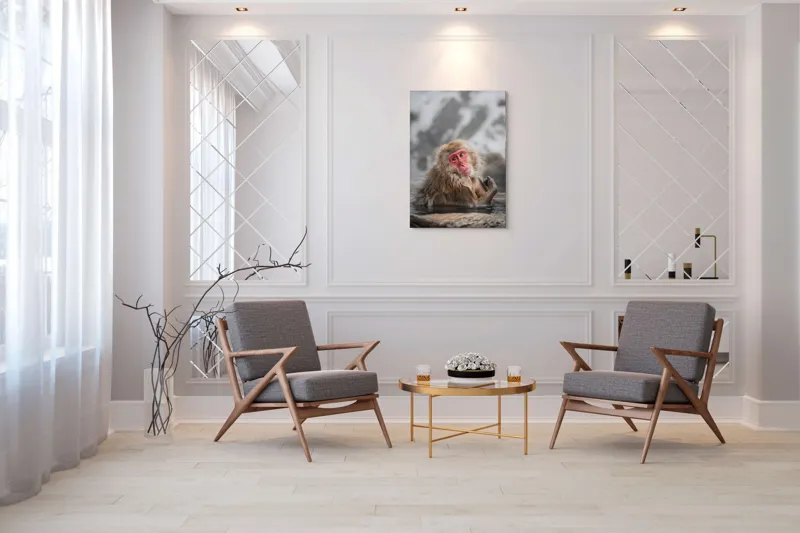 Tablou Canvas, "Macac japonez relaxându-se în apă termală", Blană, Zăpadă, Ape, Privire, Singurătate, 70 x 100 cm – poza 8