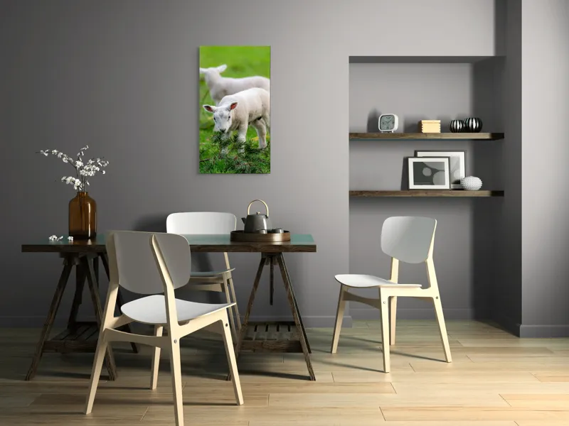 Tablou Canvas, "Miei curioși pe câmp primăvăratic", Miel, Iarbă, Urechi, Blană, Crenguțe, Picioare, Oiță, Verde, Natură, Curiozitate, 50 x 90 cm – poza 4