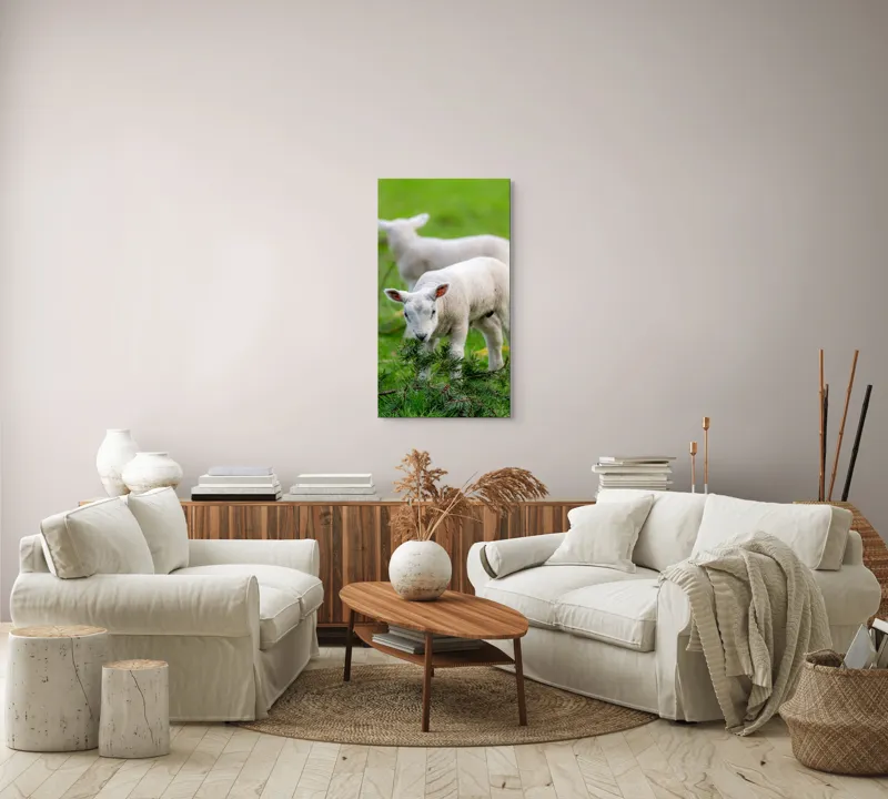 Tablou Canvas, "Miei curioși pe câmp primăvăratic", Miel, Iarbă, Urechi, Blană, Crenguțe, Picioare, Oiță, Verde, Natură, Curiozitate, 50 x 90 cm – poza 7