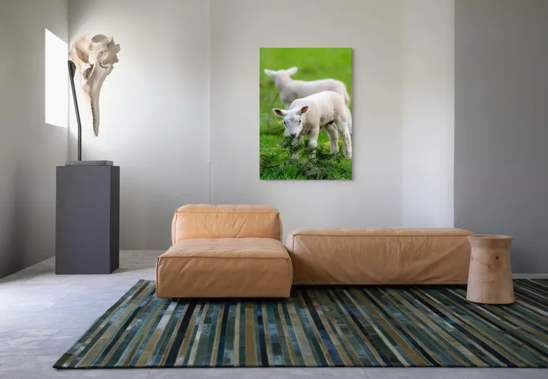 Tablou Canvas, "Miei curioși pe câmp primăvăratic", Miel, Iarbă, Urechi, Blană, Crenguțe, Picioare, Oiță, Verde, Natură, Curiozitate, 70 x 100 cm – poza 7