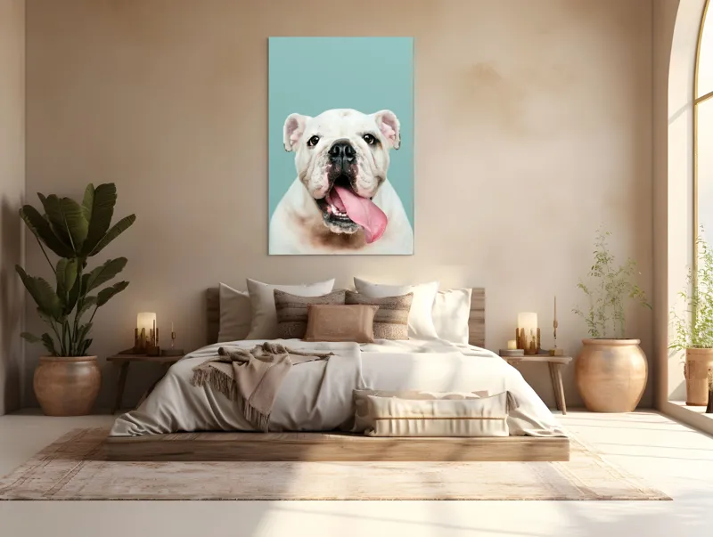 Tablou Canvas, "Bulldog fericit cu limba scoasă", Bulldog, Amuzant, Prietenos, Limbă, Fotografie, Zâmbet, Fundal, Verde, Portret, Drăguț, 100 x 150 cm – poza 3
