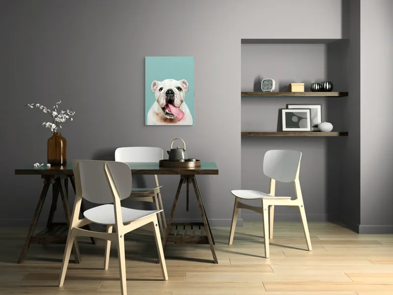 Tablou Canvas, "Bulldog fericit cu limba scoasă", Bulldog, Amuzant, Prietenos, Limbă, Fotografie, Zâmbet, Fundal, Verde, Portret, Drăguț, 50 x 70 cm – poza 5