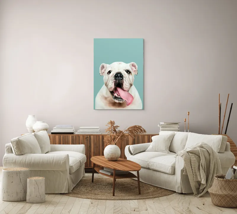 Tablou Canvas, "Bulldog fericit cu limba scoasă", Bulldog, Amuzant, Prietenos, Limbă, Fotografie, Zâmbet, Fundal, Verde, Portret, Drăguț, 70 x 100 cm – poza 4