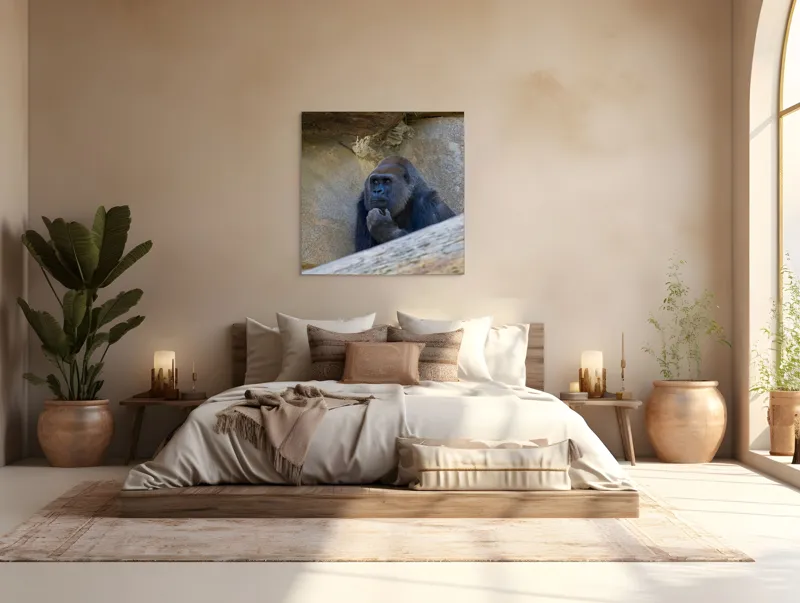 Tablou Canvas, "Gorila meditând la timpuri uitate", Gânditor, Gorilă, Contemplare, Zid, Relaxează, Natură, Observație, 100 x 100 cm – poza 4