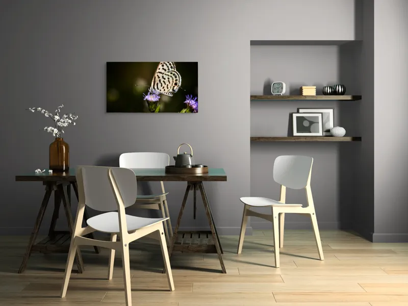 Tablou Canvas, "Fluture delicat pe floare violetă", Fluture, Floricică, Delicatețe, Natură, Fragilitate, Aripă, Petale, Culori, Lumină, Contrast., 90 x 50 cm – poza 3