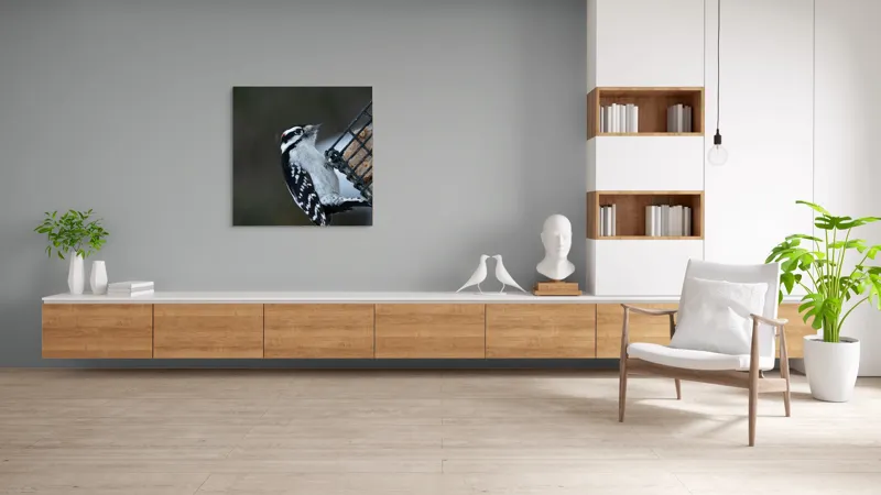 Tablou Canvas, "Ciocănitoarea pe colț de iarnă", Păsăre, Ciocănitoare, Alb, Negru, Roșu, Aripi, Plasă, Suet, Cer, Natură., 100 x 100 cm – poza 8