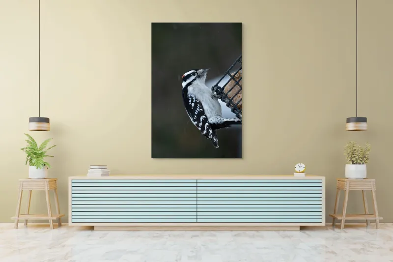 Tablou Canvas, "Ciocănitoarea pe colț de iarnă", Păsăre, Ciocănitoare, Alb, Negru, Roșu, Aripi, Plasă, Suet, Cer, Natură., 100 x 150 cm – poza 4
