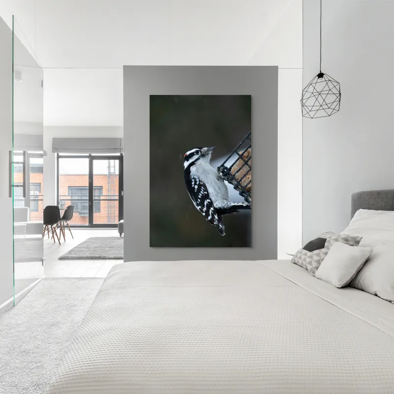 Tablou Canvas, "Ciocănitoarea pe colț de iarnă", Păsăre, Ciocănitoare, Alb, Negru, Roșu, Aripi, Plasă, Suet, Cer, Natură., 100 x 150 cm – poza 5