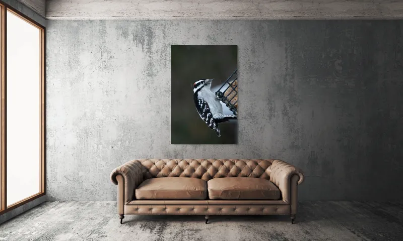 Tablou Canvas, "Ciocănitoarea pe colț de iarnă", Păsăre, Ciocănitoare, Alb, Negru, Roșu, Aripi, Plasă, Suet, Cer, Natură., 100 x 150 cm – poza 6
