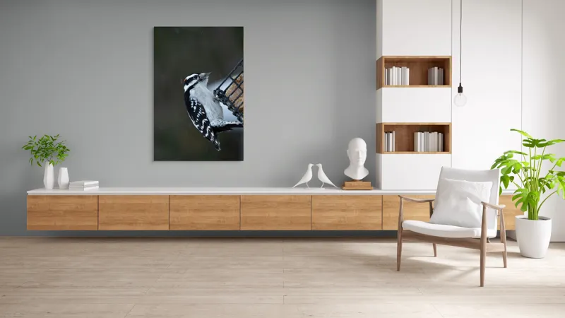 Tablou Canvas, "Ciocănitoarea pe colț de iarnă", Păsăre, Ciocănitoare, Alb, Negru, Roșu, Aripi, Plasă, Suet, Cer, Natură., 100 x 150 cm – poza 8