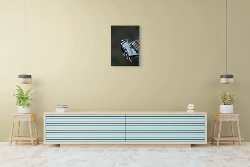Tablou Canvas, "Ciocănitoarea pe colț de iarnă", Păsăre, Ciocănitoare, Alb, Negru, Roșu, Aripi, Plasă, Suet, Cer, Natură., 50 x 70 cm – poza 6