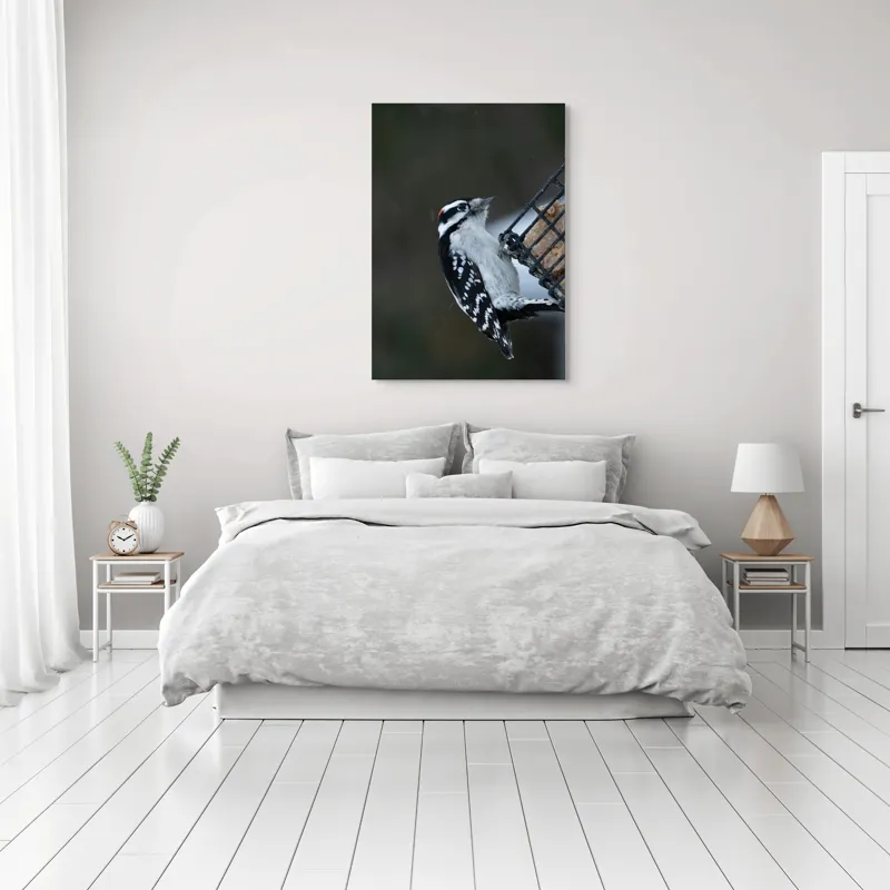Tablou Canvas, "Ciocănitoarea pe colț de iarnă", Păsăre, Ciocănitoare, Alb, Negru, Roșu, Aripi, Plasă, Suet, Cer, Natură., 70 x 100 cm – poza 3