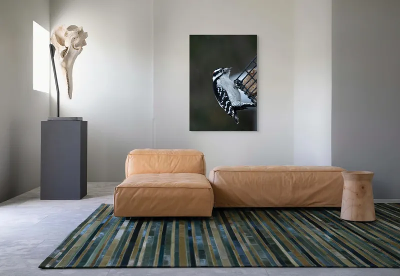 Tablou Canvas, "Ciocănitoarea pe colț de iarnă", Păsăre, Ciocănitoare, Alb, Negru, Roșu, Aripi, Plasă, Suet, Cer, Natură., 70 x 100 cm – poza 7