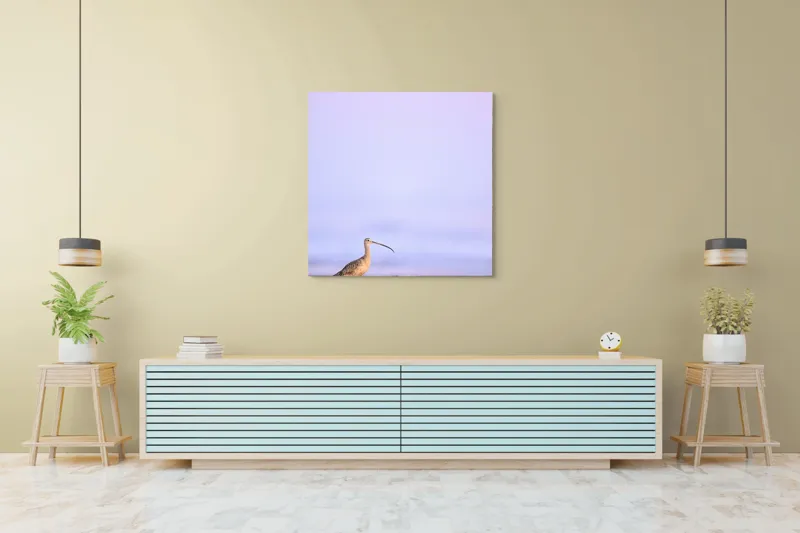 Tablou Canvas, "Păsărea singuratică la apus pastelat", Pasăre, Plajă, Apus, Siluetă, Liniște, Natură, Zare, Solitudine, 100 x 100 cm – poza 5