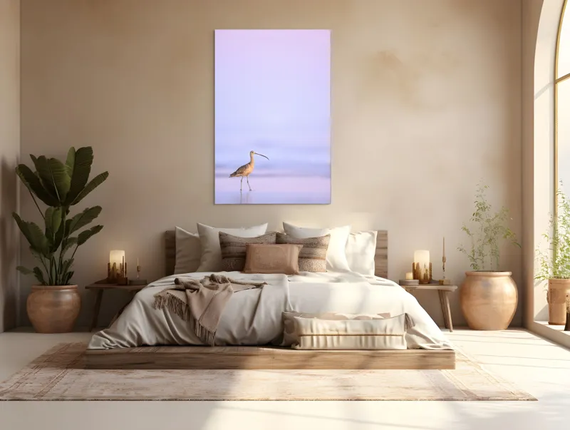 Tablou Canvas, "Păsărea singuratică la apus pastelat", Pasăre, Plajă, Apus, Siluetă, Liniște, Natură, Zare, Solitudine, 100 x 150 cm – poza 3