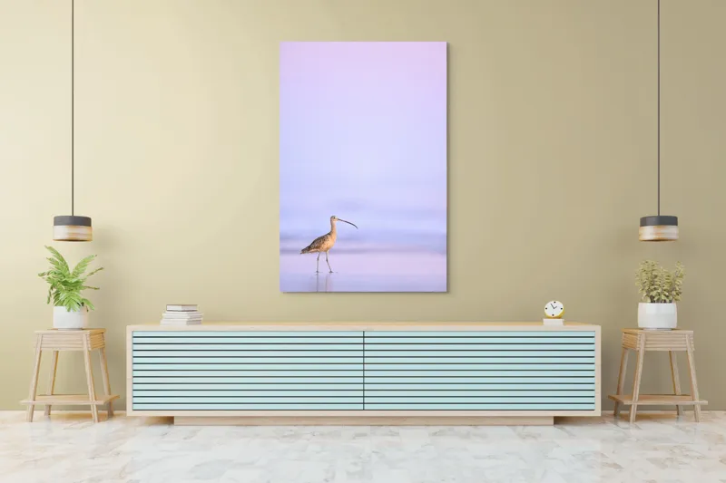 Tablou Canvas, "Păsărea singuratică la apus pastelat", Pasăre, Plajă, Apus, Siluetă, Liniște, Natură, Zare, Solitudine, 100 x 150 cm – poza 4