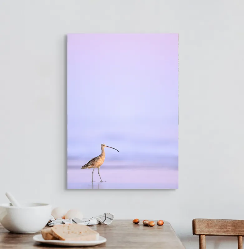 Tablou Canvas, "Păsărea singuratică la apus pastelat", Pasăre, Plajă, Apus, Siluetă, Liniște, Natură, Zare, Solitudine, 50 x 70 cm – poza 3