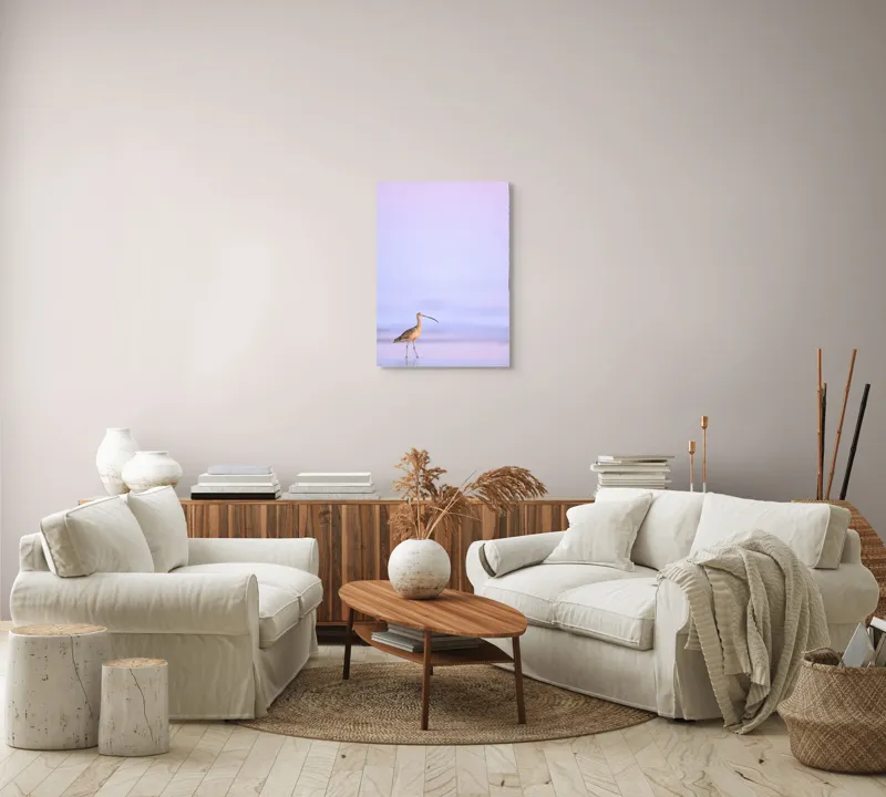 Tablou Canvas, "Păsărea singuratică la apus pastelat", Pasăre, Plajă, Apus, Siluetă, Liniște, Natură, Zare, Solitudine, 50 x 70 cm – poza 4