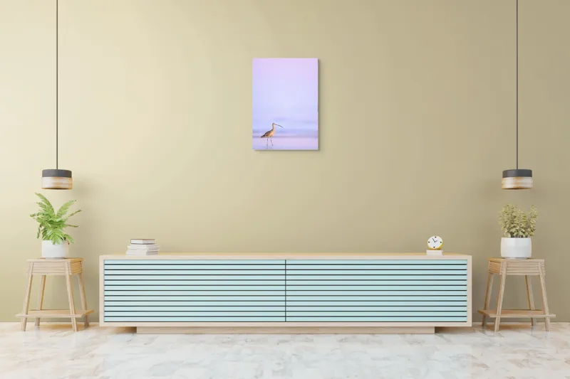 Tablou Canvas, "Păsărea singuratică la apus pastelat", Pasăre, Plajă, Apus, Siluetă, Liniște, Natură, Zare, Solitudine, 50 x 70 cm – poza 6