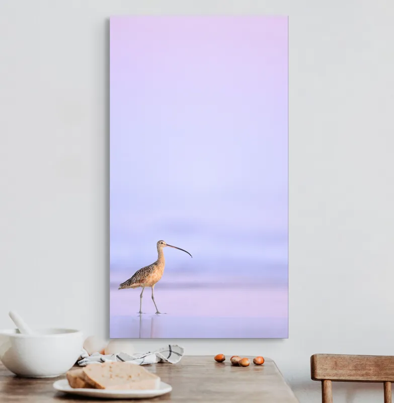 Tablou Canvas, "Păsărea singuratică la apus pastelat", Pasăre, Plajă, Apus, Siluetă, Liniște, Natură, Zare, Solitudine, 50 x 90 cm – poza 3