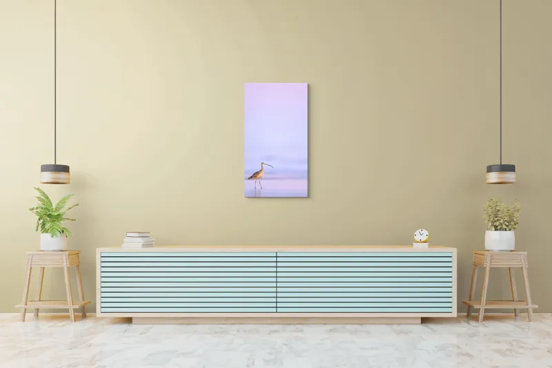 Tablou Canvas, "Păsărea singuratică la apus pastelat", Pasăre, Plajă, Apus, Siluetă, Liniște, Natură, Zare, Solitudine, 50 x 90 cm – poza 6