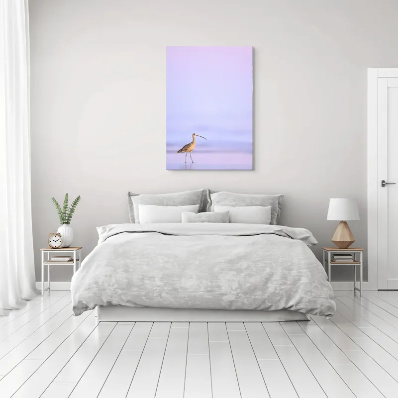 Tablou Canvas, "Păsărea singuratică la apus pastelat", Pasăre, Plajă, Apus, Siluetă, Liniște, Natură, Zare, Solitudine, 70 x 100 cm – poza 3
