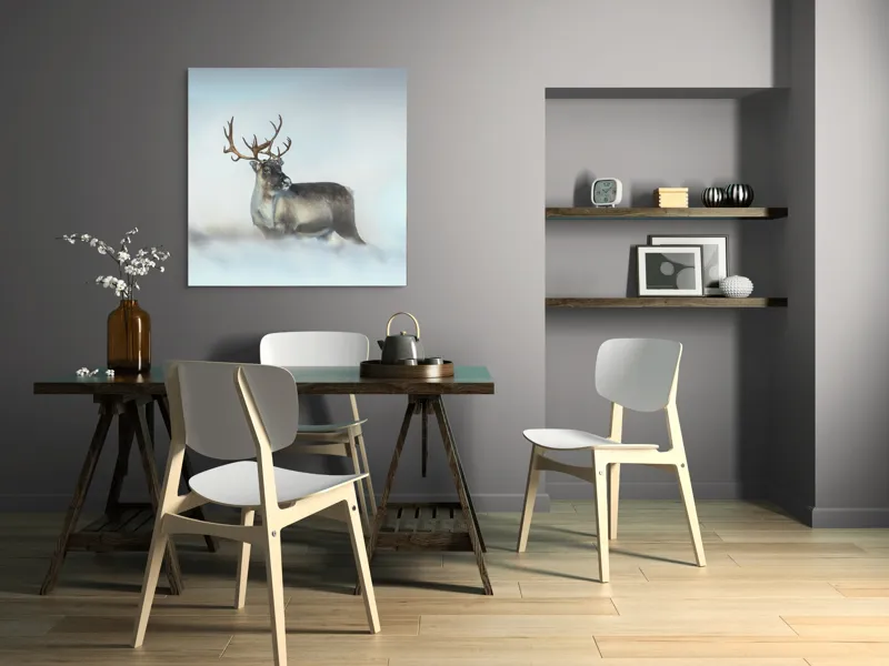 Tablou Canvas, "Rena pe câmpul de zăpadă.", Ren, Zăpadă, Cer, Frig, Natură, Animale, Iarnă, 100 x 100 cm – poza 6