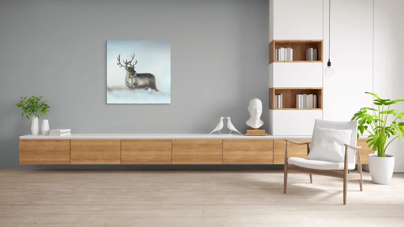 Tablou Canvas, "Rena pe câmpul de zăpadă.", Ren, Zăpadă, Cer, Frig, Natură, Animale, Iarnă, 100 x 100 cm – poza 8