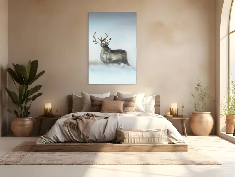 Tablou Canvas, "Rena pe câmpul de zăpadă.", Ren, Zăpadă, Cer, Frig, Natură, Animale, Iarnă, 100 x 150 cm – poza 3