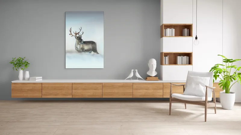 Tablou Canvas, "Rena pe câmpul de zăpadă.", Ren, Zăpadă, Cer, Frig, Natură, Animale, Iarnă, 100 x 150 cm – poza 8
