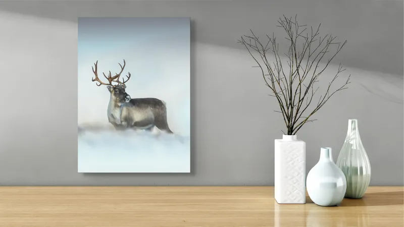 Tablou Canvas, "Rena pe câmpul de zăpadă.", Ren, Zăpadă, Cer, Frig, Natură, Animale, Iarnă, 39 x 54 cm – poza 4
