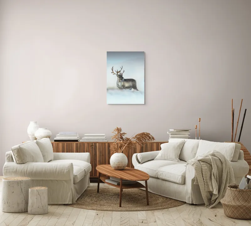 Tablou Canvas, "Rena pe câmpul de zăpadă.", Ren, Zăpadă, Cer, Frig, Natură, Animale, Iarnă, 50 x 70 cm – poza 4