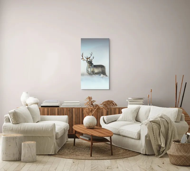 Tablou Canvas, "Rena pe câmpul de zăpadă.", Ren, Zăpadă, Cer, Frig, Natură, Animale, Iarnă, 50 x 90 cm – poza 7