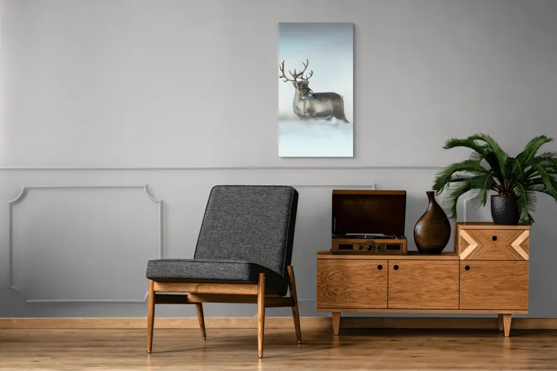 Tablou Canvas, "Rena pe câmpul de zăpadă.", Ren, Zăpadă, Cer, Frig, Natură, Animale, Iarnă, 50 x 90 cm – poza 8