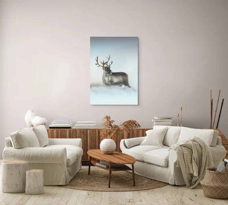 Tablou Canvas, "Rena pe câmpul de zăpadă.", Ren, Zăpadă, Cer, Frig, Natură, Animale, Iarnă, 70 x 100 cm – poza 4
