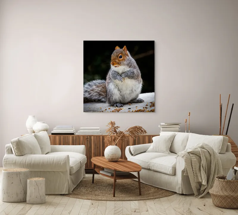 Tablou Canvas, "Veverița curioasă în grădină verde", Blănos, Drăgălaș, Veveriță, Gri, Poziționat, Observator, Butoiaș, Mâncare, 100 x 100 cm – poza 3