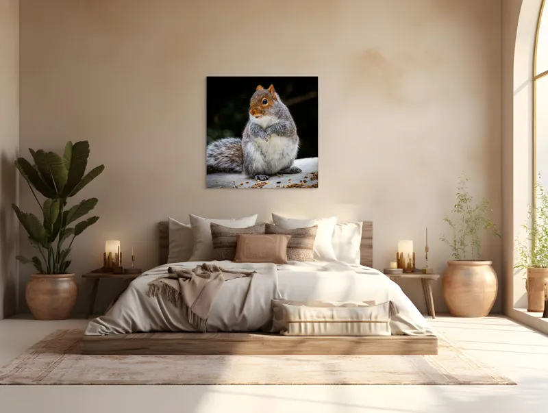 Tablou Canvas, "Veverița curioasă în grădină verde", Blănos, Drăgălaș, Veveriță, Gri, Poziționat, Observator, Butoiaș, Mâncare, 100 x 100 cm – poza 4