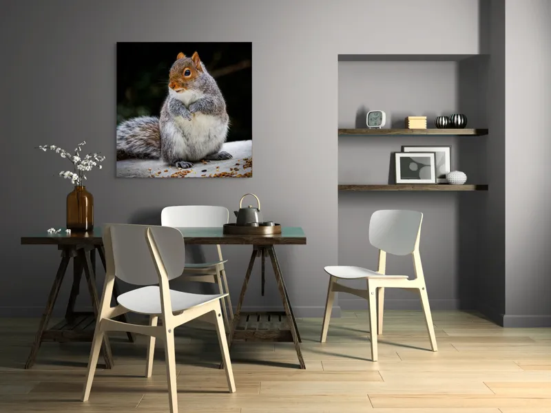 Tablou Canvas, "Veverița curioasă în grădină verde", Blănos, Drăgălaș, Veveriță, Gri, Poziționat, Observator, Butoiaș, Mâncare, 100 x 100 cm – poza 6