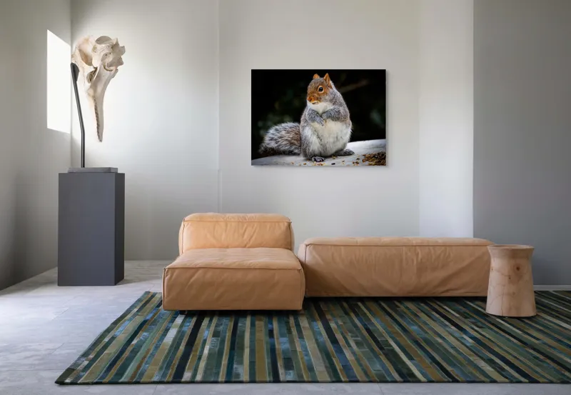 Tablou Canvas, "Veverița curioasă în grădină verde", Blănos, Drăgălaș, Veveriță, Gri, Poziționat, Observator, Butoiaș, Mâncare, 100 x 70 cm – poza 7