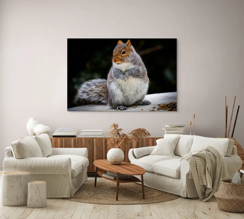 Tablou Canvas, "Veverița curioasă în grădină verde", Blănos, Drăgălaș, Veveriță, Gri, Poziționat, Observator, Butoiaș, Mâncare, 150 x 100 cm – poza 3