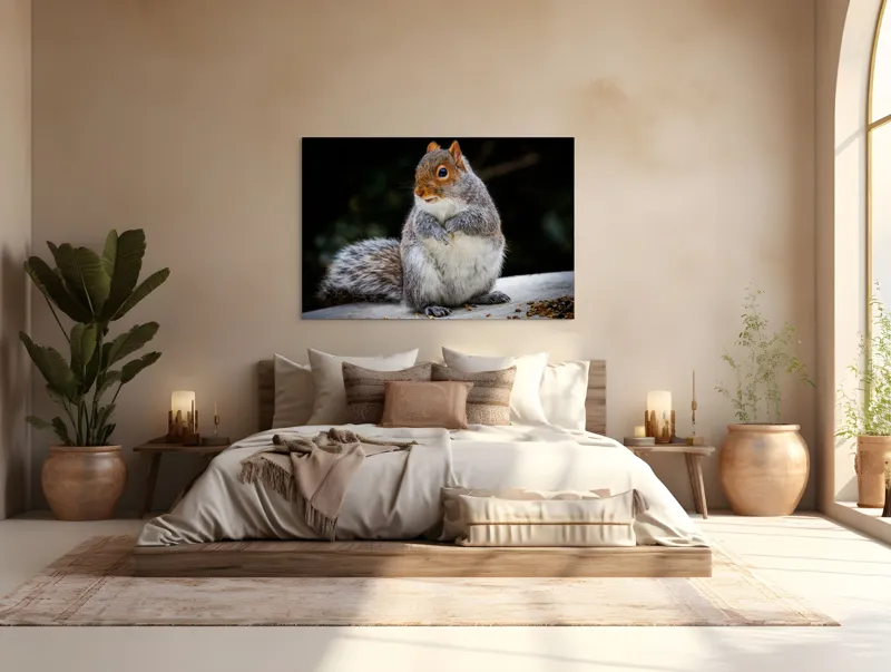 Tablou Canvas, "Veverița curioasă în grădină verde", Blănos, Drăgălaș, Veveriță, Gri, Poziționat, Observator, Butoiaș, Mâncare, 150 x 100 cm – poza 4
